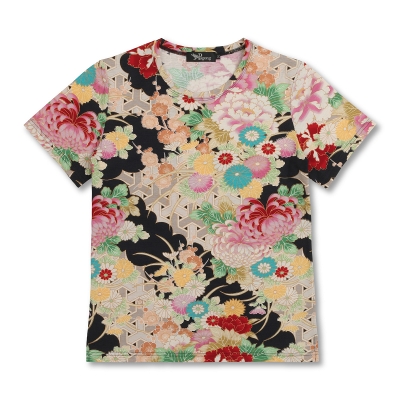 花柄 半袖Tシャツ ＜牡丹と菊/黒赤＞